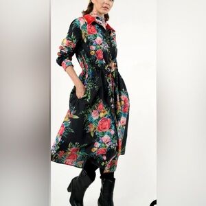 ARATTA Silent Journey Floral midi button up velvet collar dress pockets Med